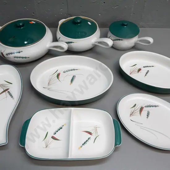 retro Denby Greenwheat baking and serving ware - 3 round handled lidded tureens, divided rectangular and 2 oval baking
