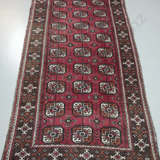 Persian style hand knotted wool floor rug - reds, browns, ivory - some fading, fraying to fringe, small spot of