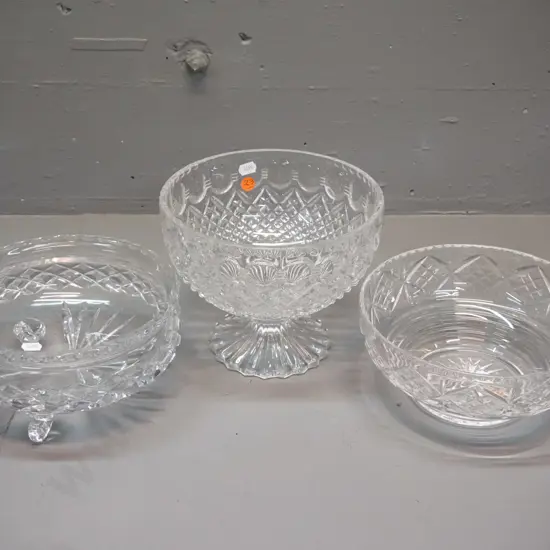 3 crystal bowls - one 3-footed, one comport style H-165 D-200, and one marked Stuart