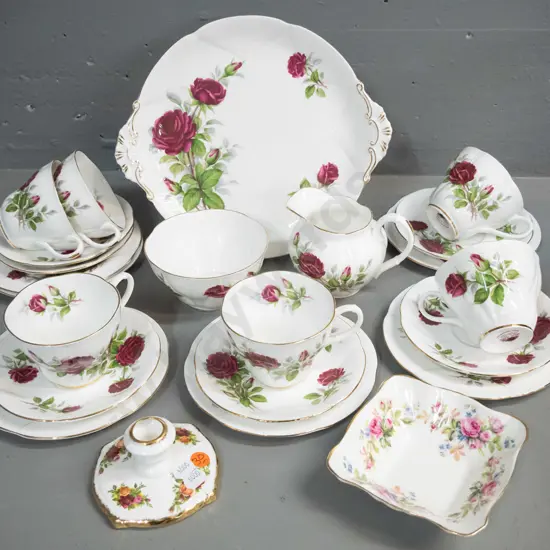 Royal Albert "Canadian Rose" 20-piece tea set, no tea pot, and Royal Albert pin dish and candle holder