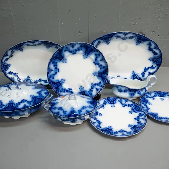 vintage Alfred Meakin flow blue "Oxford" pattern dinnerware including 2 ashetts, lidded vegetable, sauce tureen, gravy