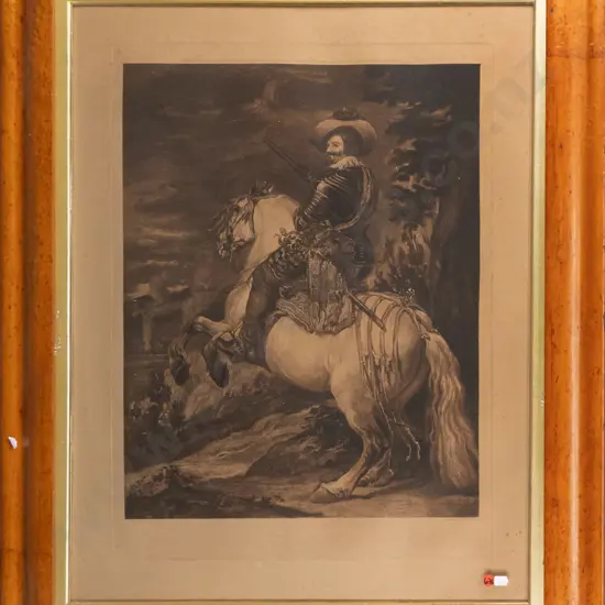 framed vintage print - man on rearing horse H-530 W-480 (some aging)