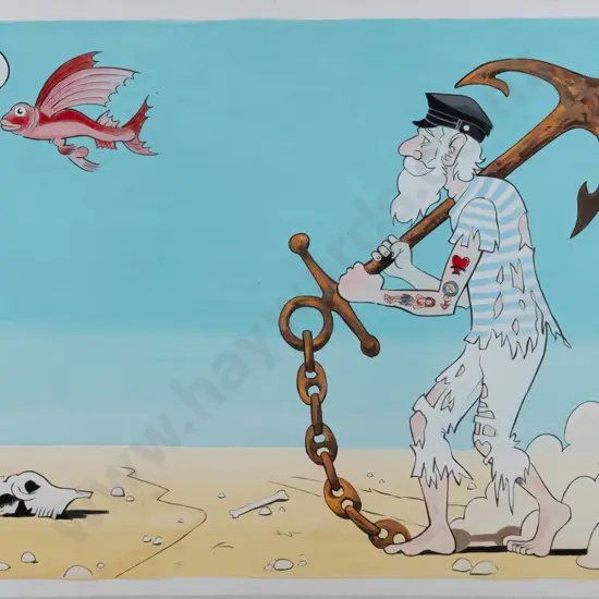 Buho Rojo 2021 - watercolour on board - sailor and singing fish H-300 W-400