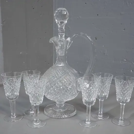 Waterford cut crystal stoppered & handled sherry decanter and 6 glasses - decanter H-325 W-170
