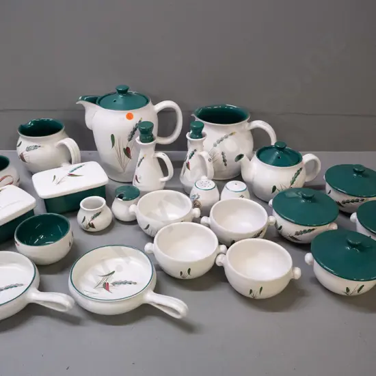 retro Denby Greenwheat table ware - coffee pot, small teapot, 2 jugs, 2 lidded butter or cheese dishes, 8 soups or
