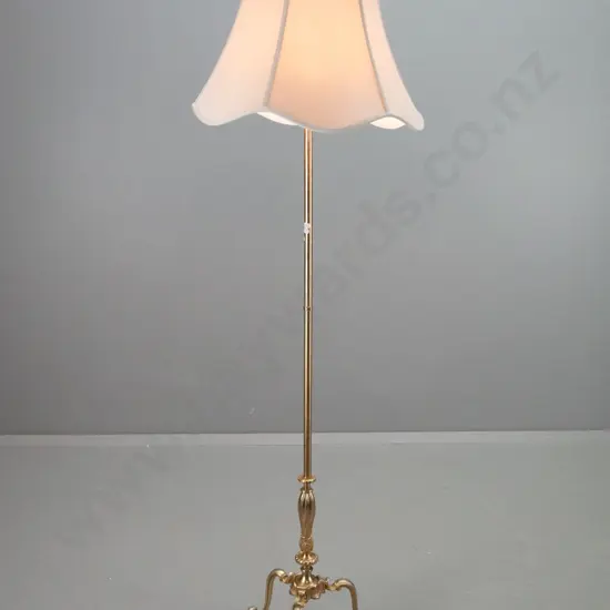 retro brass-finish cast metal 3-footed standard lamp with beige sateen shade H-1720 (fitting needs attention)