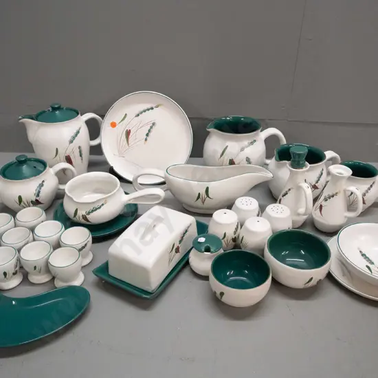 retro Denby Greenwheat table ware - coffee pot, small teapot, 3 jugs, lidded butter/cheese, 2 salts & peppers, 9 egg