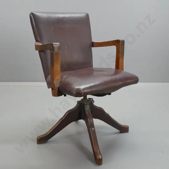 vintage oak swivel & tilt desk chair with leather upholstered seat and studded back - some damage to leather, height