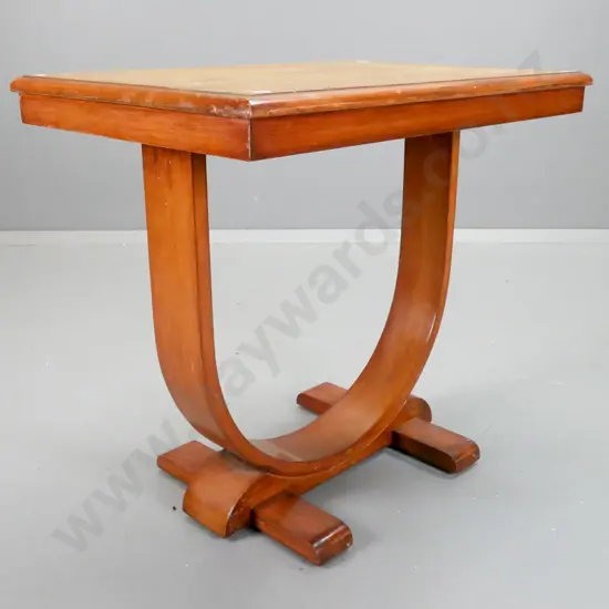 vintage rimu hoop base side table - top in restorer's condition with staining and scratches. H-620 W-700 D-460