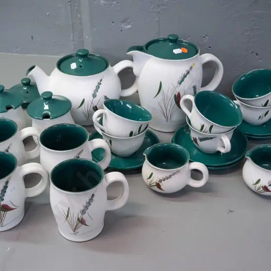 retro Denby Greenwheat teaware - including large tea or coffee pot, small teapot, 4 mugs, 6 cups but only 5 saucers,