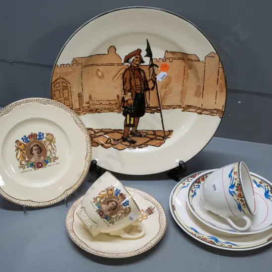 Royal Doulton Watchman or Sentry cabinet plate D-270 and 2 trios - Clarice Cliff 1953 Coronation and Swinnertons