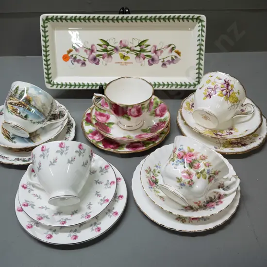 5 Royal Albert trios and a Portmeirion Botanic Garden sandwich plate L-305 W-140