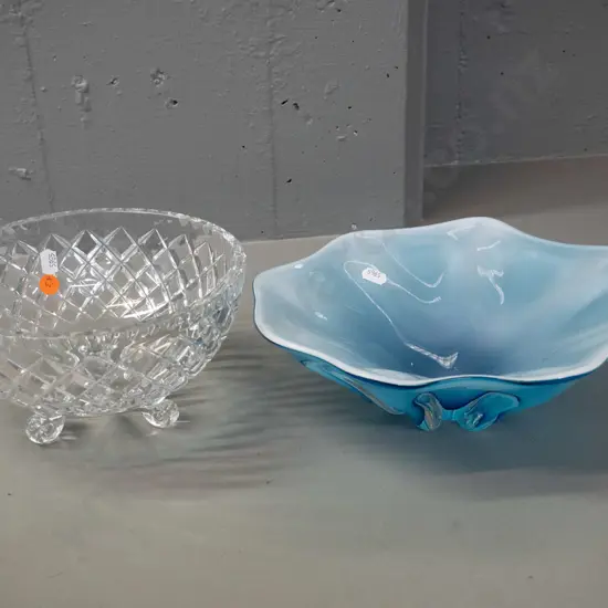 art glass sky blue and white fluted design bowl Diameter 255 & a cut crystal footed salad bowl