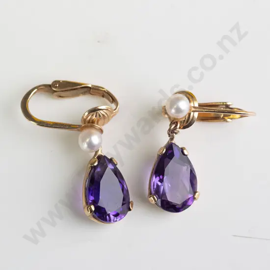 pair of gold amethyst & pearl earrings clip on stamped 14kt