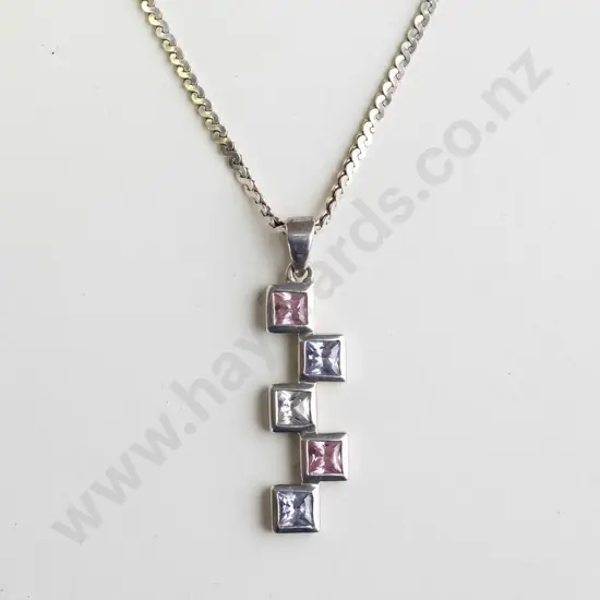 silver necklace with clear & pink stones stamped 925