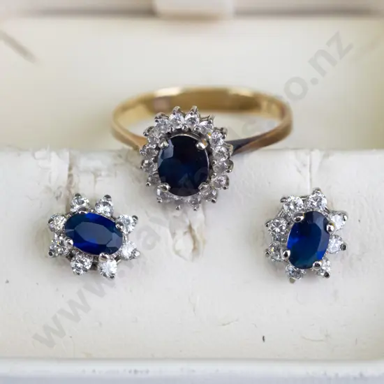 sapphire & cz dress ring stamped 375 & pair of sapphire & cz earings no mark