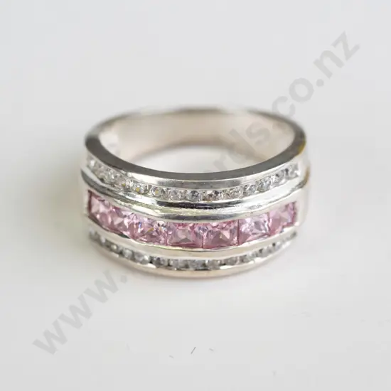 silver cz & pink stone ring stamped 925