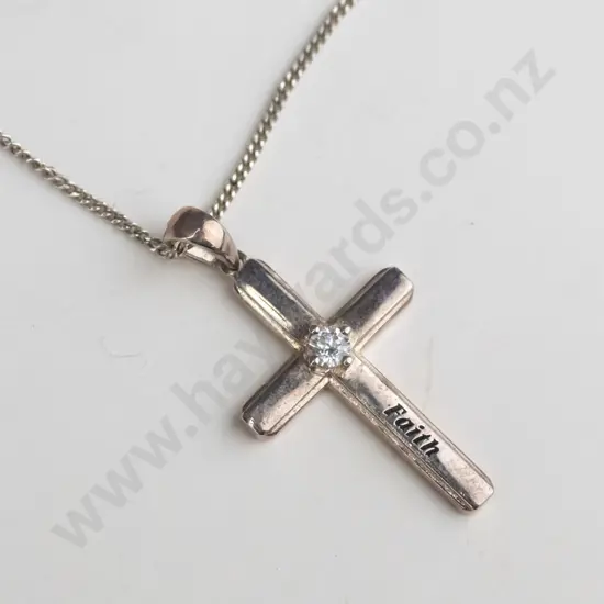 silver cross necklace with cz & 'Faith' stamped 925