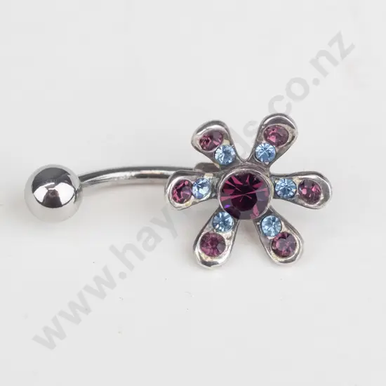 silver flower with blue & red stones belly button ring stamped 925