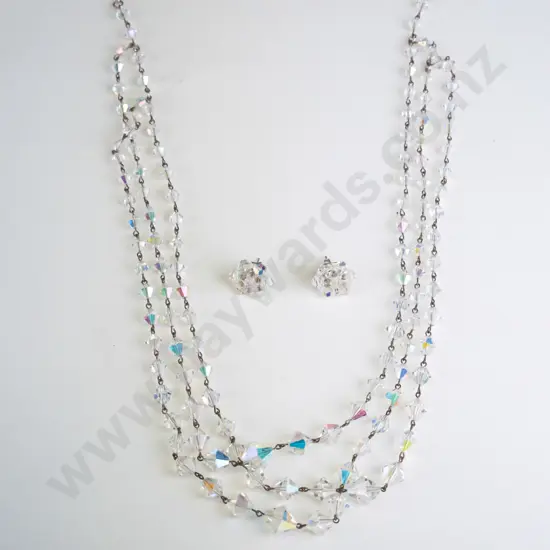 3 strand crystal necklace & pair of earrings