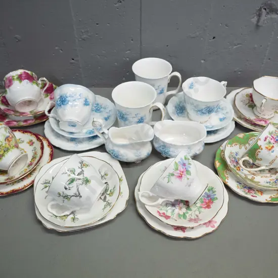 Royal Albert bone china items - 8 trios including Chelsea Bird, Albany Green, and 2 Tiffany with cream sugar and 2 mugs