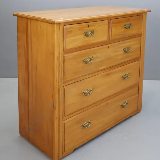 Edwardian rimu 5-drawer chest with replacement pierced back brass handles, kauri lined drawers. Borer in back, repaired