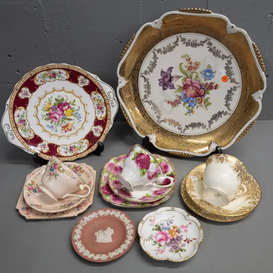 Royal Albert Lady Hamilton cake plate, 3 trios, Crown Derby & Wedgwood pin dishes and a large Winterling German display