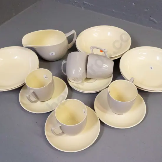 retro Branksome dinner ware - 5 cups & saucers, 6 soup bowls, gravy jug - small chip to rim of one cup