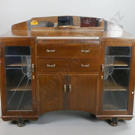 deco sideboard with mirrored upstand, rolled front with 3 drawers, 2 solid and 2 leadlight doors, 2 fixed shelves each