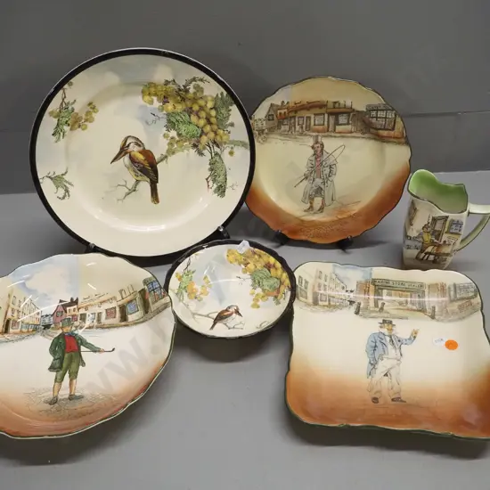 5 Royal Doulton items - 4 Dickens items including Sam Weller jug, Captain Cuttle dish etc, and 2 Kookaburra items -
