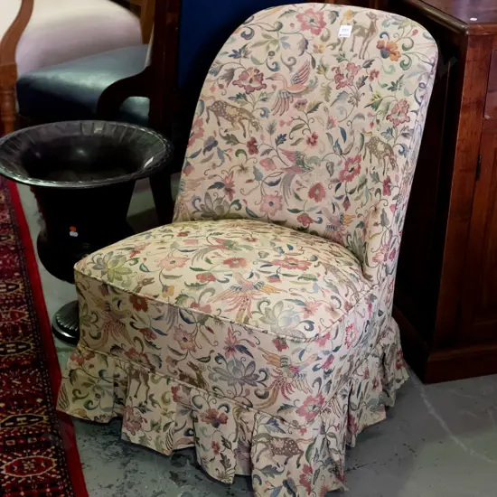 cab-leg upholstered bedroom chair with pleated skirt, covered in William Morris style print fabric - some discolouration