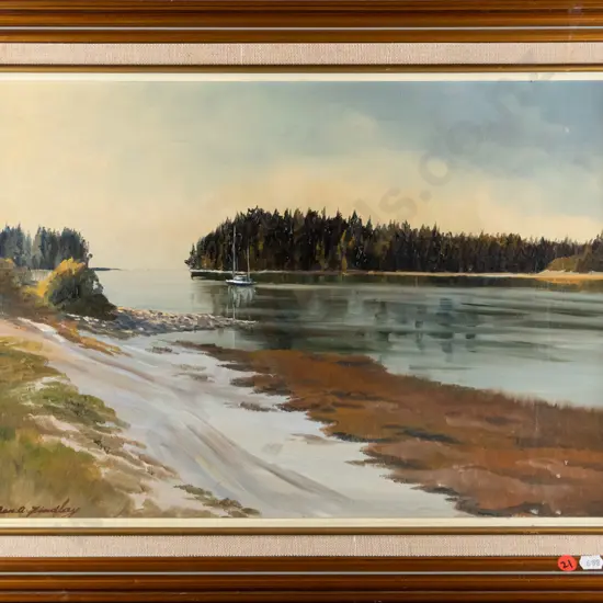 Anna Findlay 1979 - framed oil "Yacht  At Anchor, Mapua, Nelson" H-340 W-490