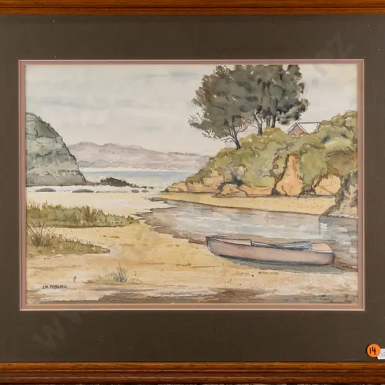 JM Ryburn - framed watercolour - coastal scene H-260 W-340