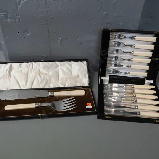 cased English cutlery with faux bone handles - Walker & Hall fish slice & serving fork and set of 6 fish knives & forks