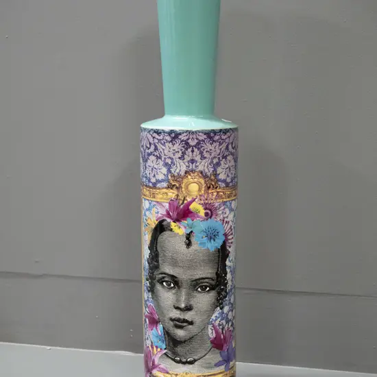 tall ceramic vase with decoupage style decoration, no maker's marks. H-500 D-110