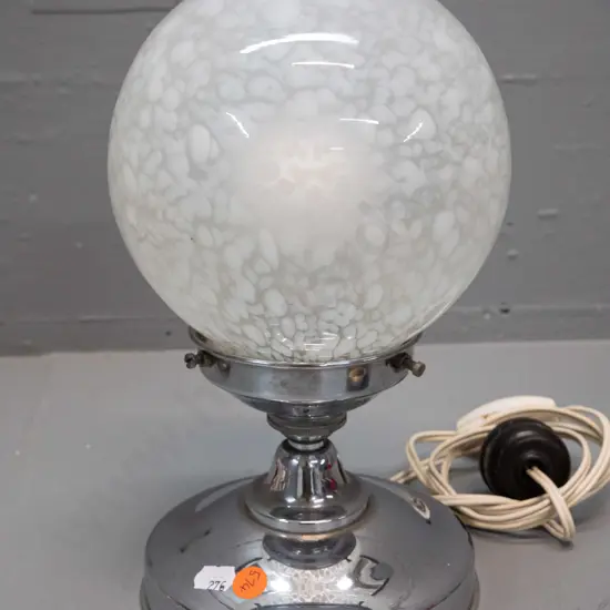 deco chrome based table lamp with mottled glass globe shade H-260 Globe D-150