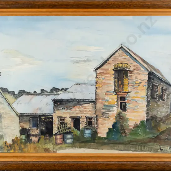 Verona McGregor - framed watercolour "Farm Buildings, Fruitlands, Central Otago" H-340 W-500