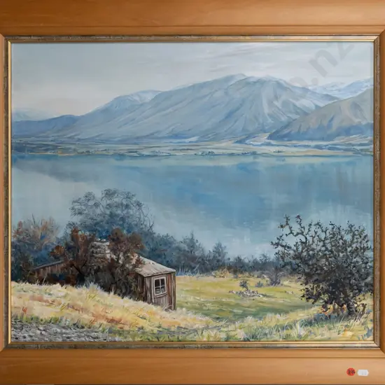 framed oil on canvas - lake and mountain scene H-490  W-590