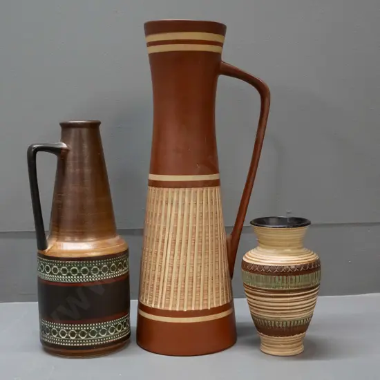 3 German pottery items with incised decoration - 2 jugs and a vase, tall jug is H-370
