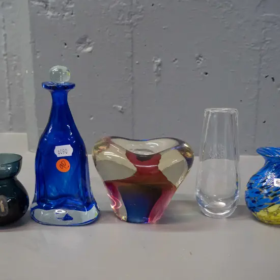 small art glass items - Whitefriars vase, stoppered bottle H-160, blue & yellow swirl w/label & marked Boda Ulrica, etc.