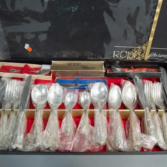 boxed Rodd plated cutlery set with several additional pieces - box is 540 x 275