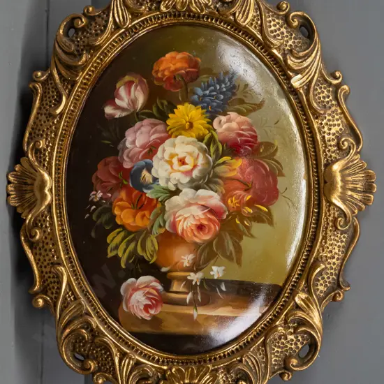 ornate oval gilt framed oil on convex board - still life flowers Overall H-520 W-400