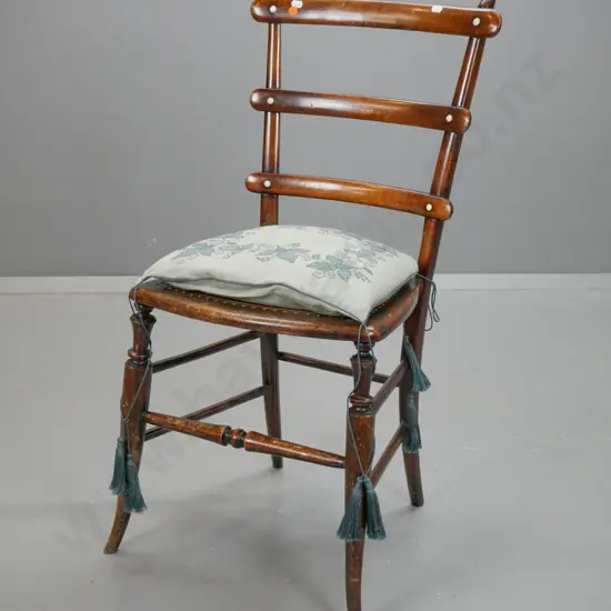 beech bedroom chair with rail back, inlay bone inserts, replacement hardwood seat, turned front legs  & stretchers, with