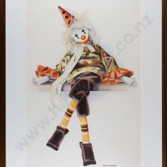 Mavis McKinney - framed watercolour - clown doll (foxing) H-510 W-330