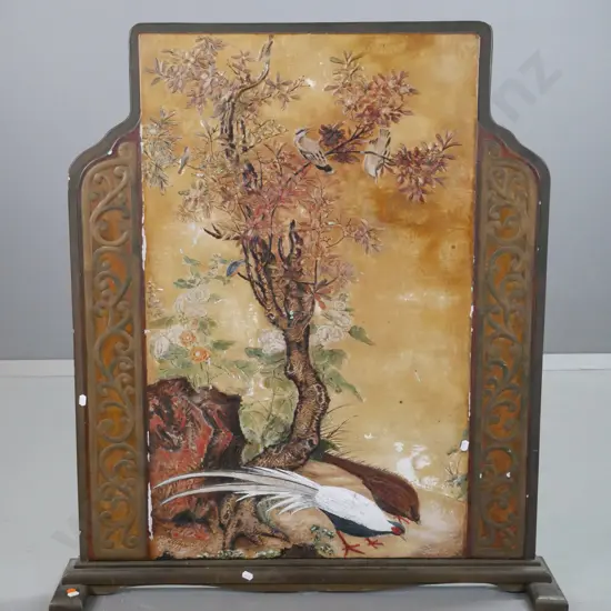 vintage large fire screen with moulded plaster decoration and hand-painted plaster centre panel over plywood backing,