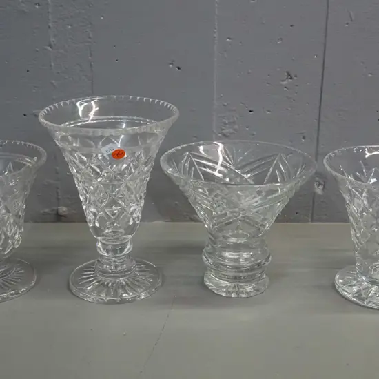 4 cut crystal diamond cut pattern trumpet shaped vases, no maker's marks - tallest is H-210 D-150