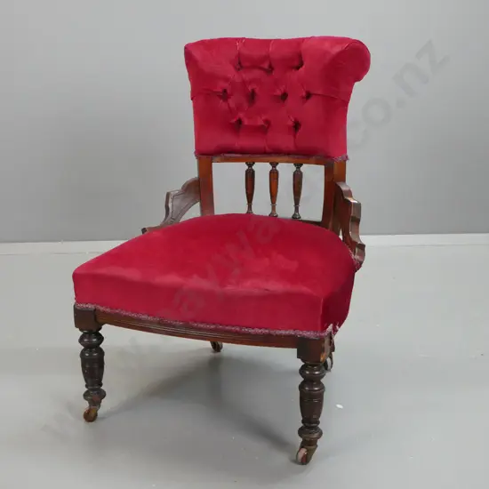 Edwardian dark stained rimu bedroom chair with pleated and button-upholstered back, on porcelain casters - split to one