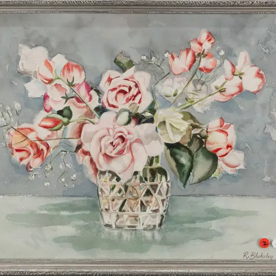 Rita Blakeley - framed watercolour - roses in vase H-340 W-430