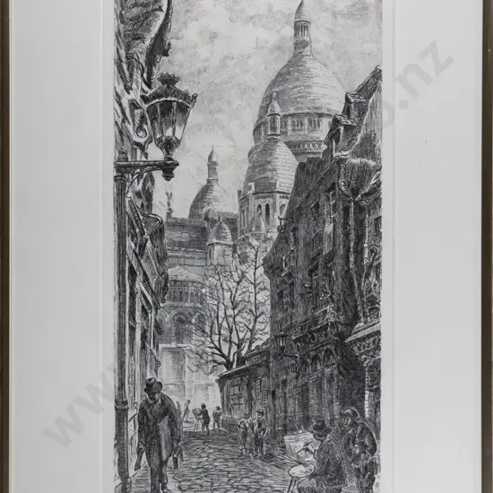 illegible signature - framed etching Montmartre H-390 W-180