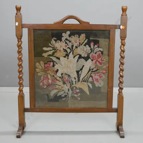 vintage oak and mahogany fire screen with tapestry behind glass, barley twist supports, top handle. Some water staining